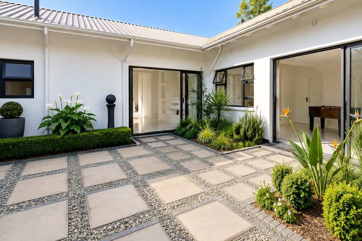 A well-maintained rear courtyard featuring paved stone tiles, landscaped garden beds, and large sliding glass doors providing seamless indoor-outdoor flow.
