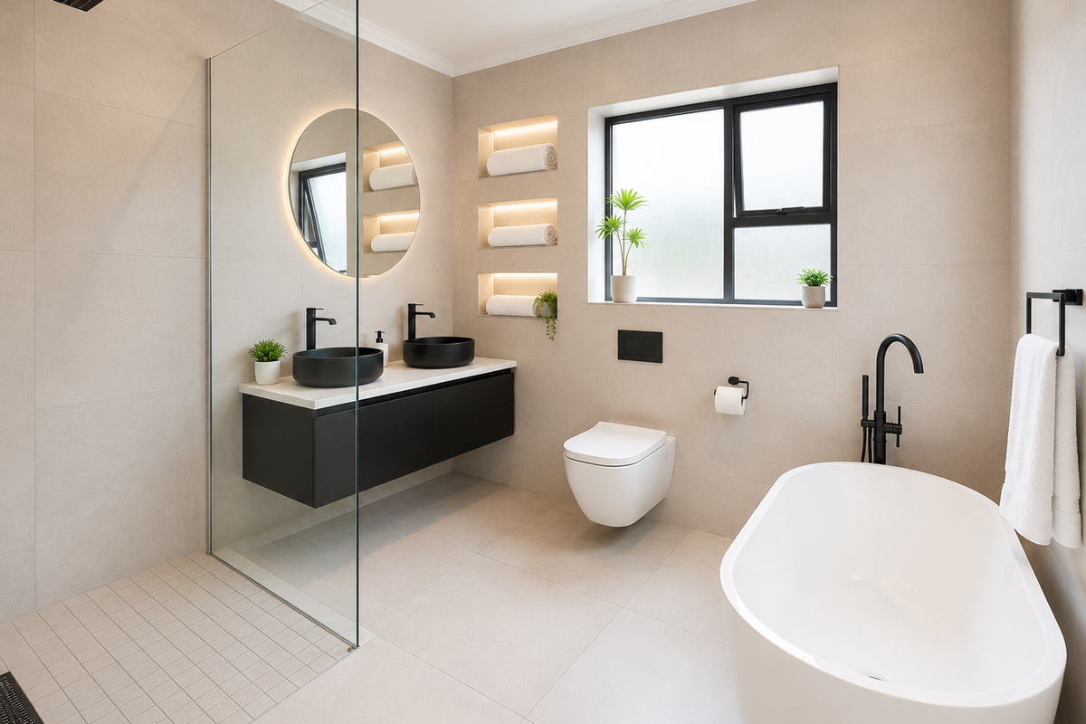 Modern luxury bathroom featuring a freestanding bathtub, walk-in shower with glass screen, wall-hung double vanity, and elegant black matte fixtures throughout.