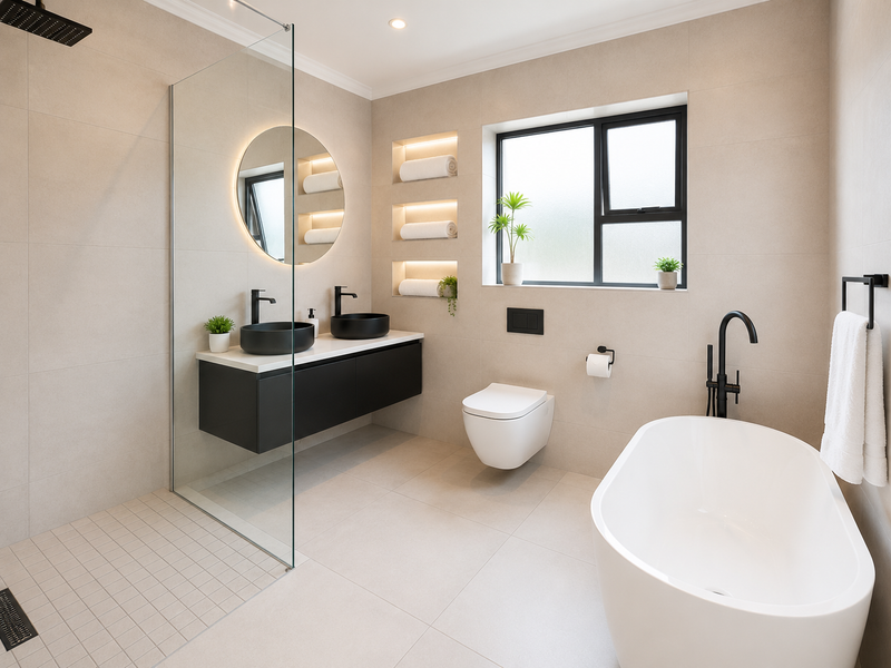 Modern luxury bathroom featuring a freestanding bathtub, walk-in shower with glass screen, wall-hung double vanity, and elegant black matte fixtures throughout.
