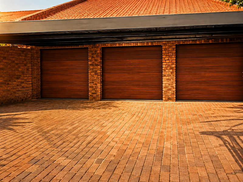 A well-maintained triple garage featuring modern timber-look doors, brick masonry, and a spacious paved driveway area.