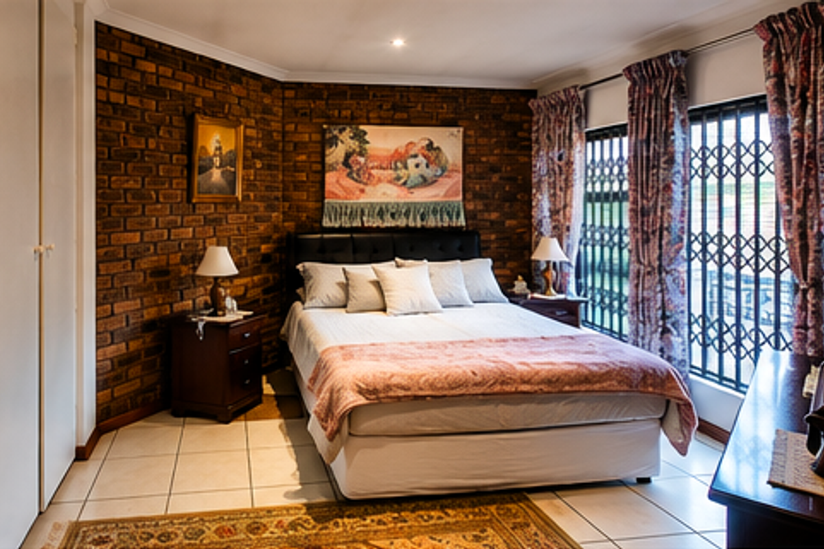 A bedroom featuring an exposed brick wall, tiled flooring, and extensive built-in cupboard storage, complemented by natural light through a secure window.