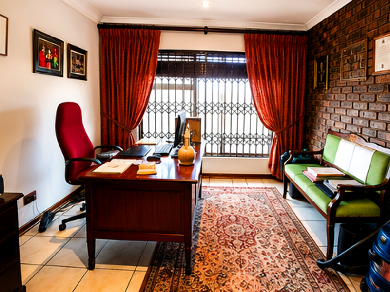 A home office featuring an exposed brick feature wall, tiled flooring, and a large window secured with a metal security gate.