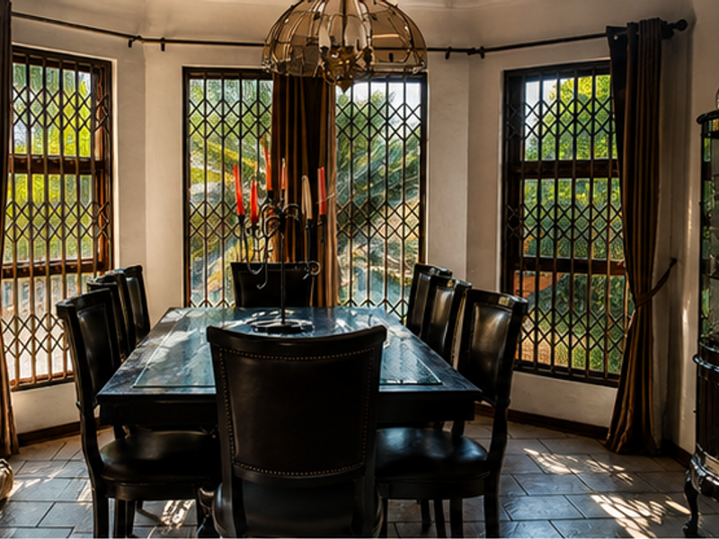 A formal dining room featuring a bay window with security gates, tiled flooring, and a central pendant light fixture.