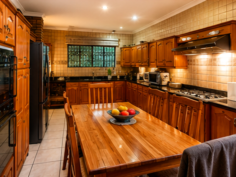 A traditional kitchen featuring warm wooden cabinetry, granite countertops, a built-in oven, and a gas hob, complemented by a tiled backsplash and flooring.