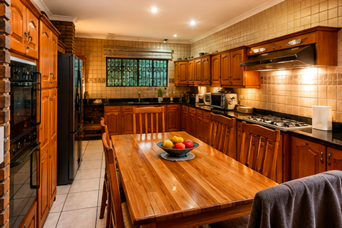 A traditional kitchen featuring warm wooden cabinetry, granite countertops, a built-in oven, and a gas hob, complemented by a tiled backsplash and flooring.
