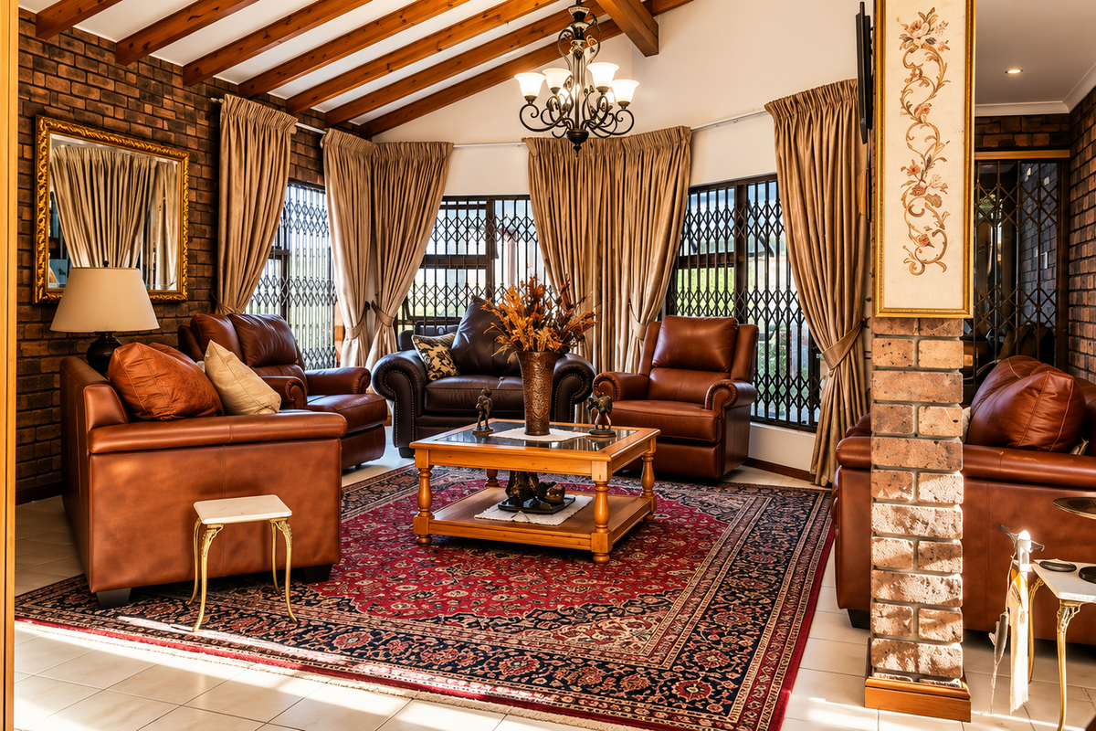 Spacious living room featuring exposed timber ceiling beams, rustic brick feature walls, and large windows with security gates, creating a warm and traditional atmosphere.