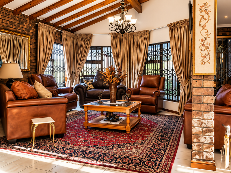 Spacious living room featuring exposed timber ceiling beams, rustic brick feature walls, and large windows with security gates, creating a warm and traditional atmosphere.