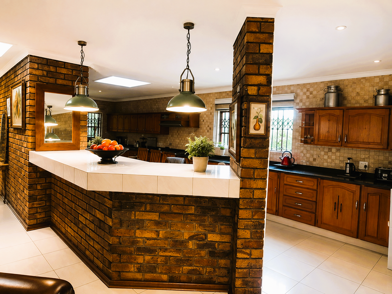 Open plan kitchen and living area featuring exposed brick walls, tiled flooring, wooden cabinetry, and a breakfast bar with pendant lighting.