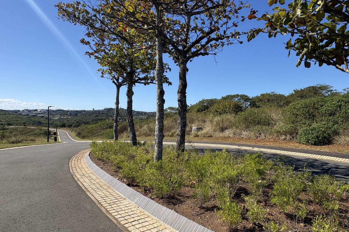 A view of a well-maintained residential street featuring paved roads, cobblestone curbing, and mature trees within a landscaped estate environment.