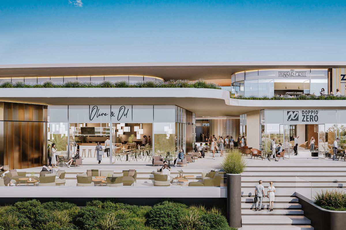 A modern commercial development featuring Zimbali Square with multiple restaurant storefronts, expansive terraced outdoor seating, and contemporary architectural design.