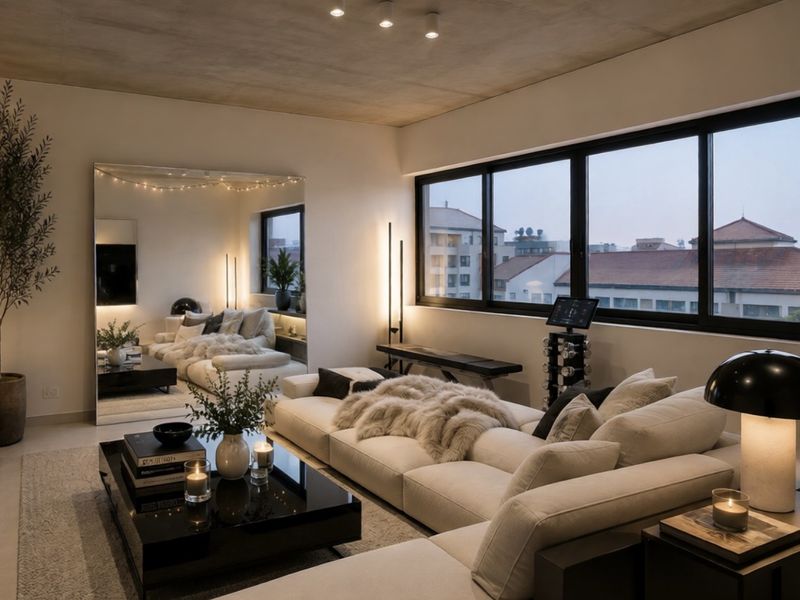 Modern living room featuring an exposed concrete ceiling, large sliding windows with black frames, and recessed track lighting, offering a contemporary urban aesthetic.