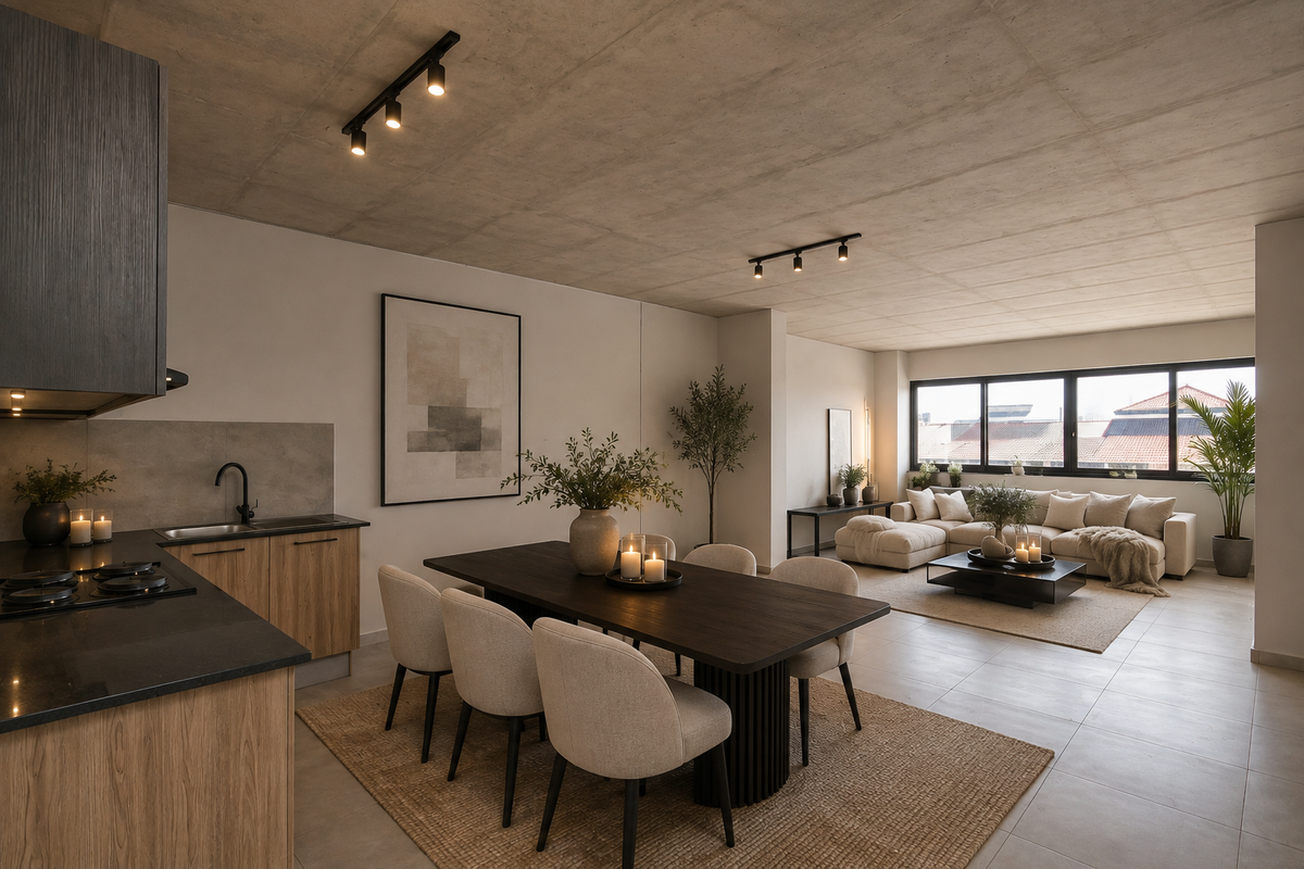 Modern open-plan living area featuring an exposed concrete ceiling, track lighting, and a contemporary kitchen with stone countertops and integrated hob.