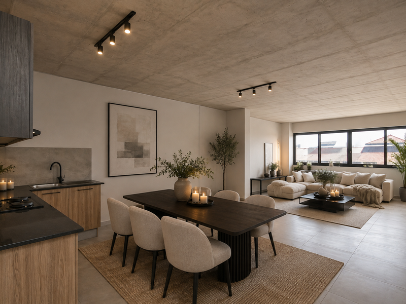 Modern open-plan living area featuring an exposed concrete ceiling, track lighting, and a contemporary kitchen with stone countertops and integrated hob.