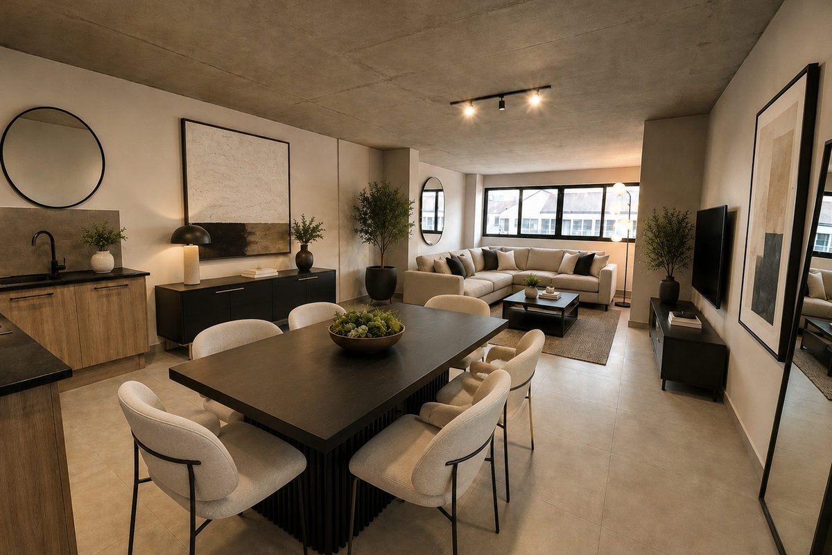 Modern open-plan living and dining area featuring an exposed concrete ceiling, tiled floors, and a sleek kitchen kitchenette with contemporary finishes.