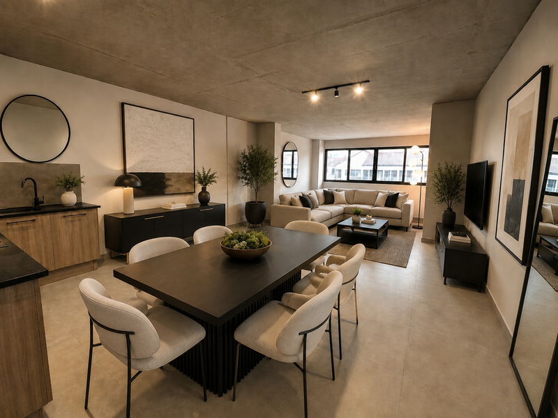 Modern open-plan living and dining area featuring an exposed concrete ceiling, tiled floors, and a sleek kitchen kitchenette with contemporary finishes.