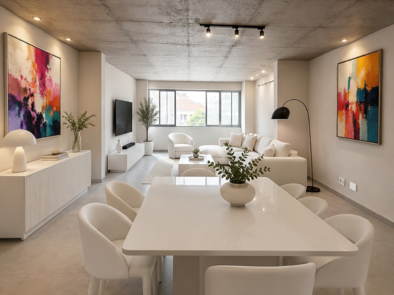 Modern open-plan living and dining area featuring a striking exposed concrete ceiling, neutral tiled flooring, and contemporary recessed and track lighting.