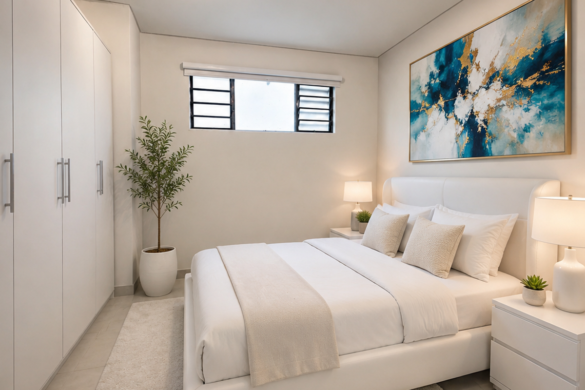 A well-maintained bedroom featuring built-in wardrobes, neutral tiled flooring, and a louvered window, offering a clean and modern living space.