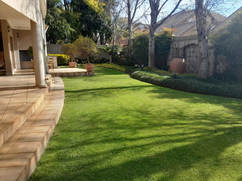 A well-maintained garden featuring a spacious tiled patio, concrete columns, and a lush green lawn bordered by mature trees and boundary walls.