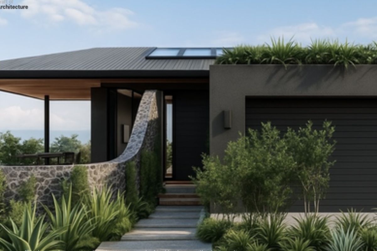Modern architectural front facade featuring a stone feature wall, integrated garage, and a paved entrance walkway.