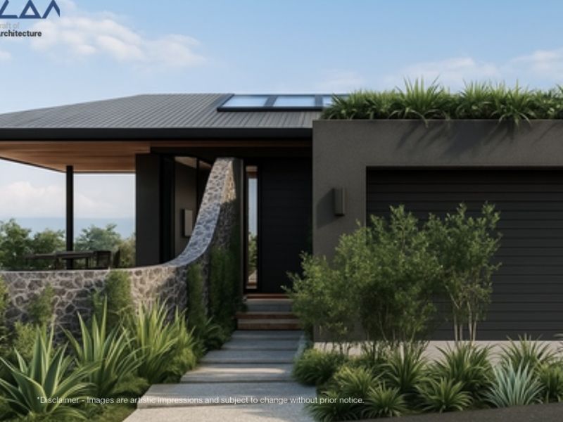 Modern architectural front facade featuring a stone feature wall, integrated garage, and a paved entrance walkway.