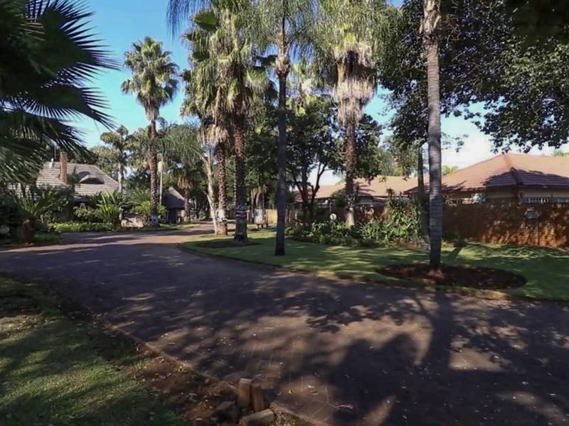 A view of the property entrance featuring a paved driveway, mature palm trees, and established garden landscaping within a residential setting.