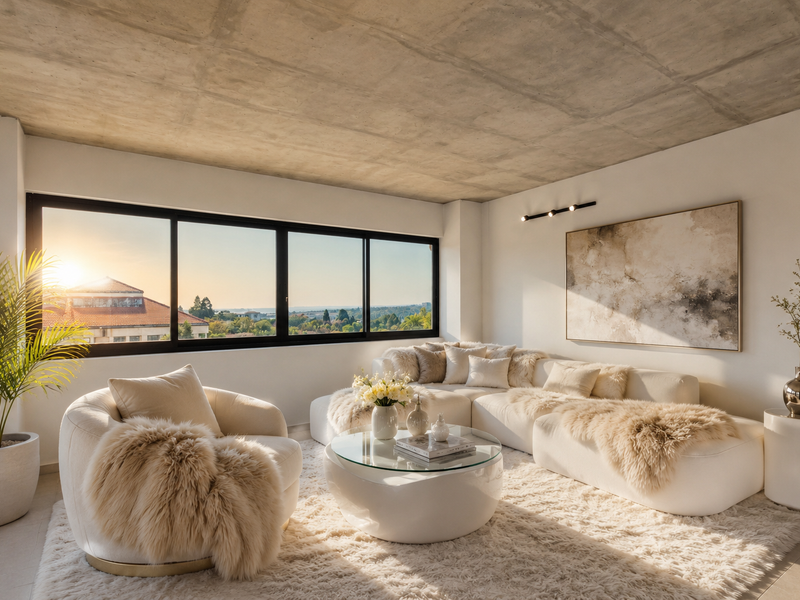 A bright and modern living room featuring an exposed concrete ceiling, large windows with scenic views, and contemporary track lighting.