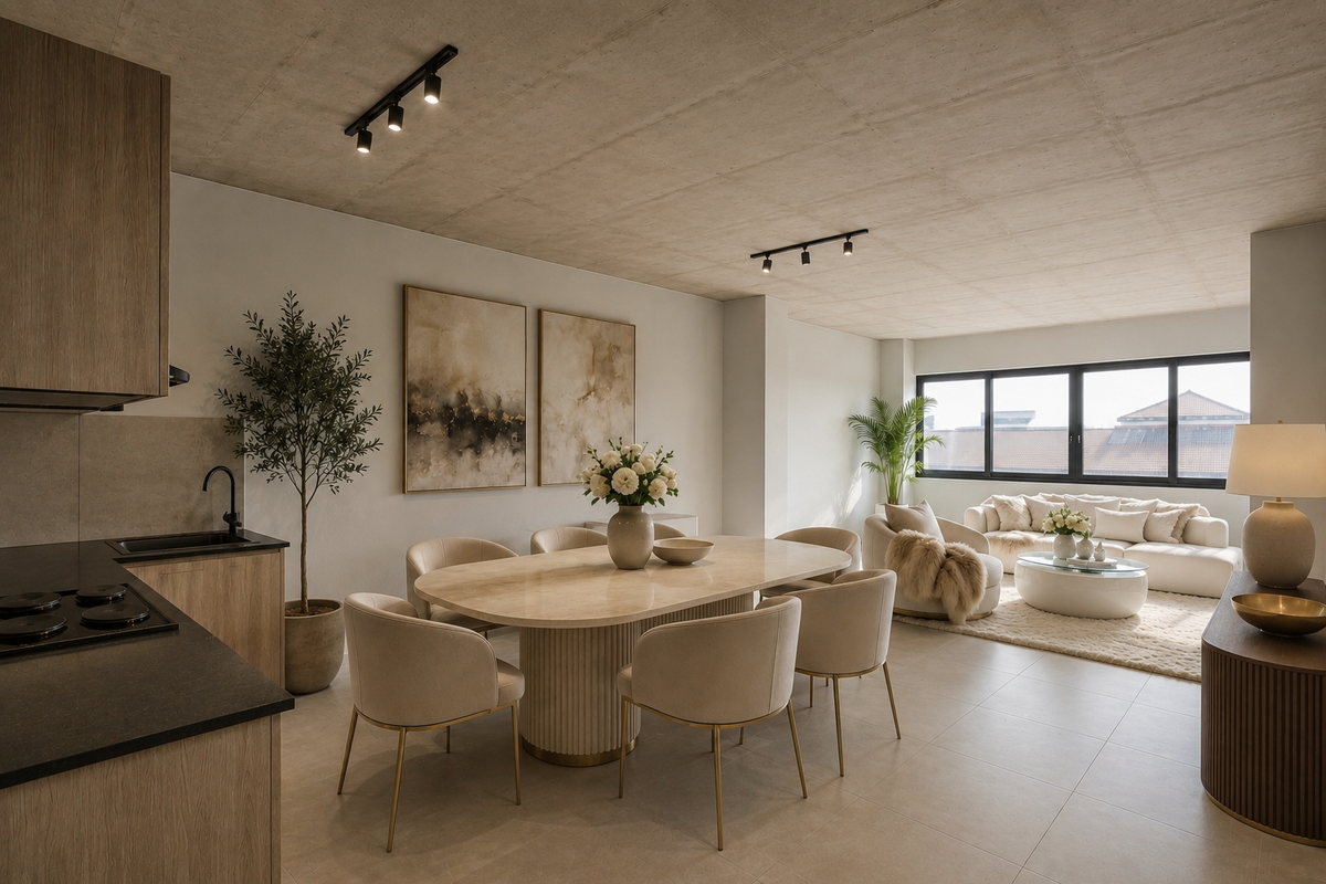 Modern open-plan living and dining area featuring an exposed concrete ceiling, track lighting, and a sleek kitchen with integrated appliances and large windows.