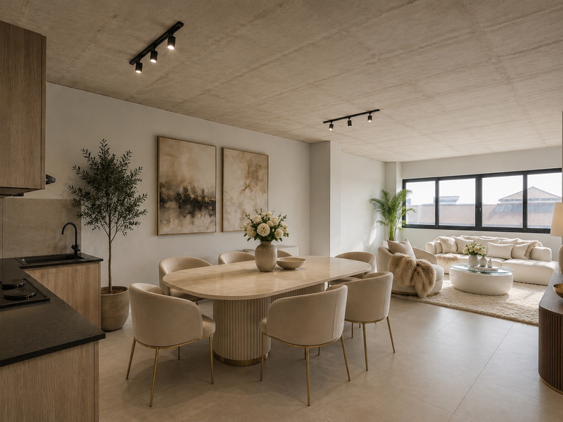Modern open-plan living and dining area featuring an exposed concrete ceiling, track lighting, and a sleek kitchen with integrated appliances and large windows.