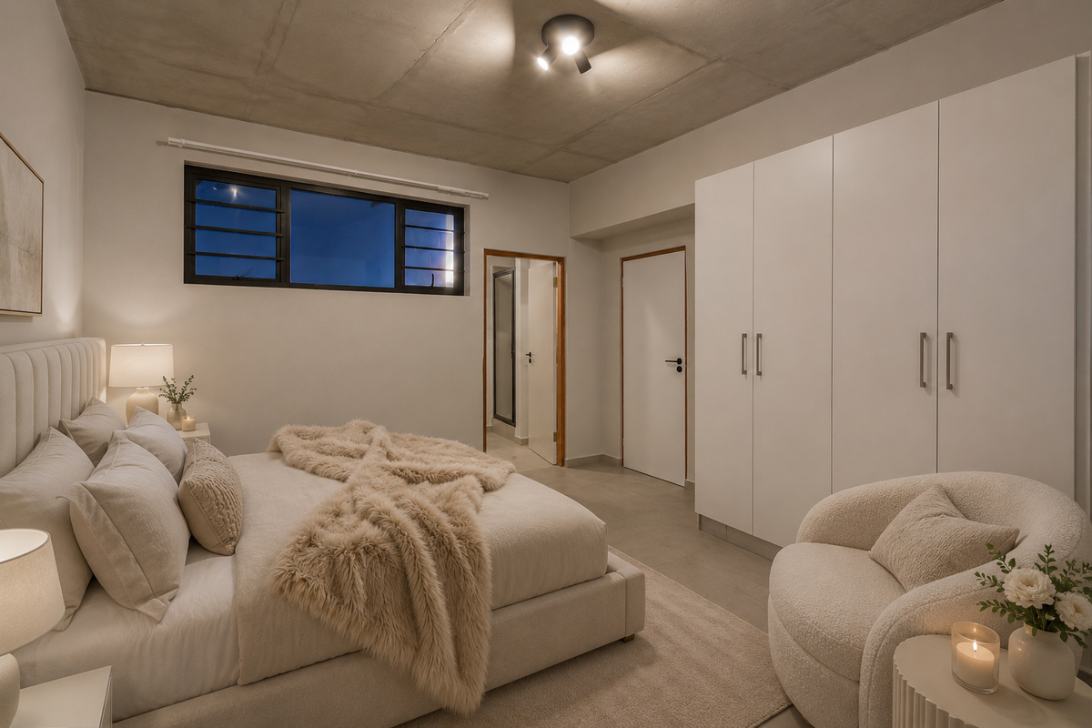 Modern bedroom featuring an exposed concrete ceiling, tiled flooring, and ample built-in cupboard storage with a neutral, contemporary aesthetic.