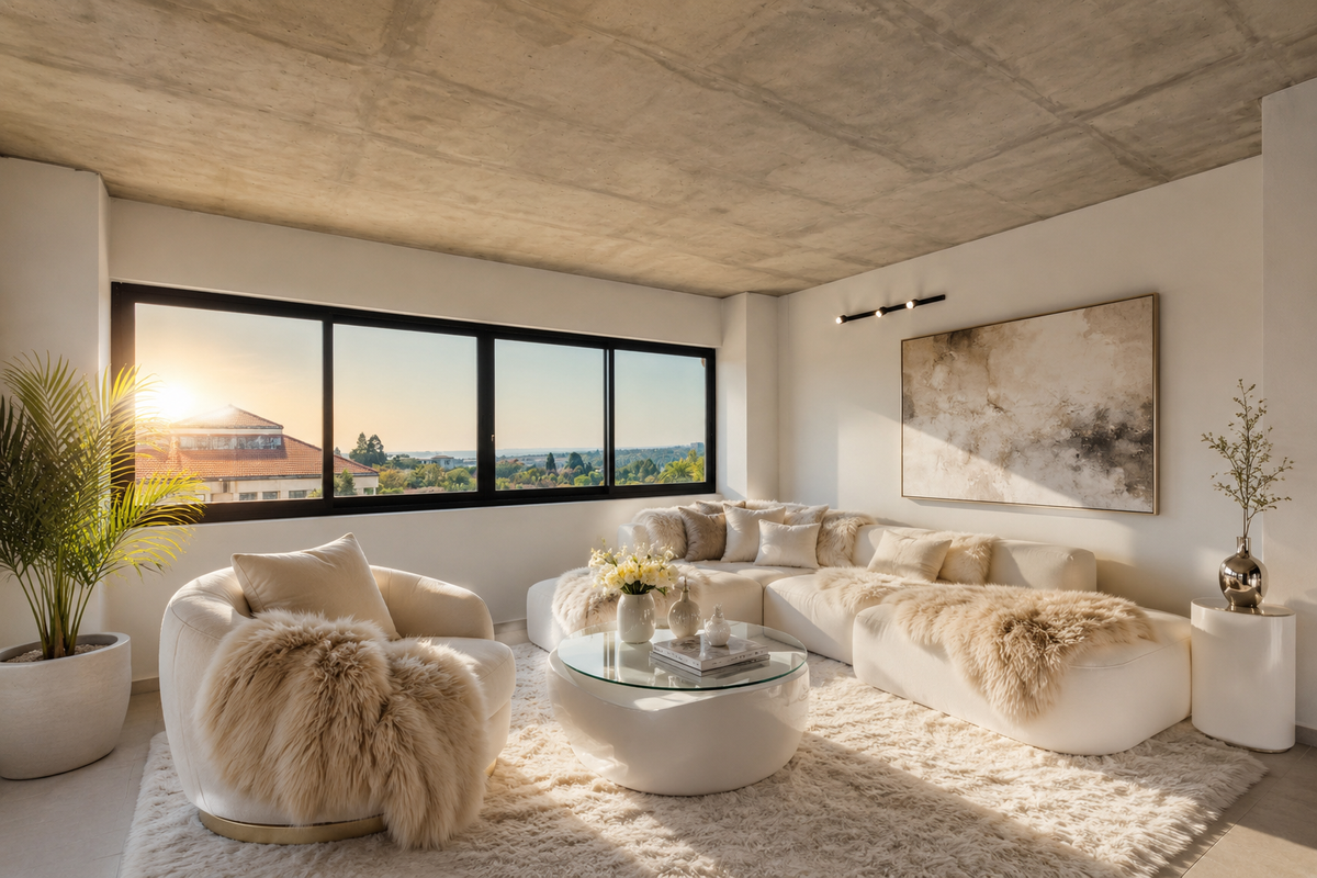 A bright and modern living room featuring an exposed concrete ceiling, large windows with scenic views, and contemporary track lighting.
