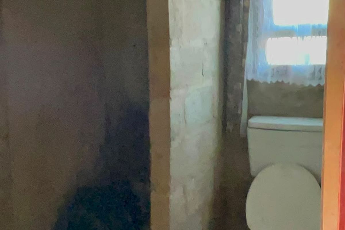 A bathroom in need of renovation, featuring a toilet and a shower area with unfinished masonry walls.