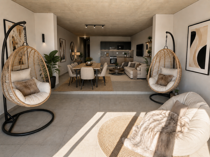 Modern open-plan living area featuring a sleek kitchen with built-in appliances, tiled floors, and an exposed concrete ceiling, creating a spacious and contemporary atmosphere.