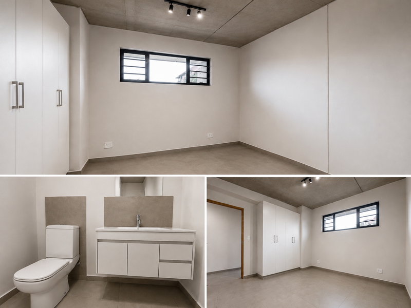 A modern, minimalist bedroom featuring an exposed concrete ceiling, built-in cupboards, tiled flooring, and neutral walls, offering a clean and contemporary living space.