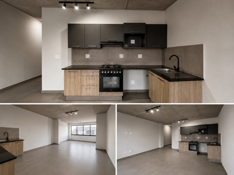 Modern open-plan kitchen and living area featuring sleek two-tone cabinetry, granite countertops, integrated appliances, and an industrial-style exposed concrete ceiling.