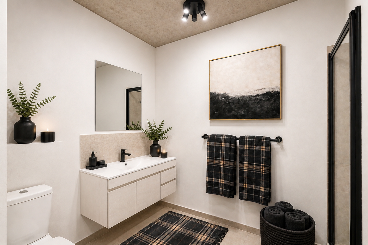 Modern bathroom featuring a wall-mounted vanity with integrated basin, sleek mixer tap, wall mirror, toilet, and a glass-enclosed shower.