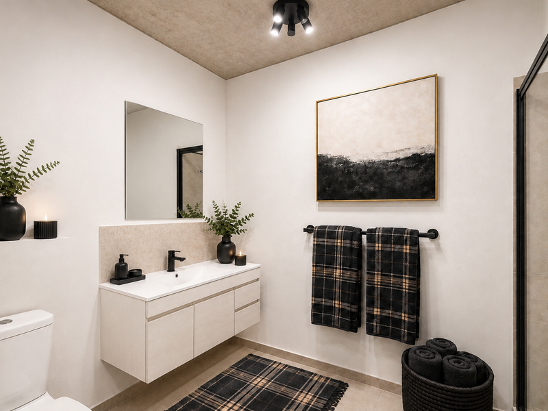 Modern bathroom featuring a wall-mounted vanity with integrated basin, sleek mixer tap, wall mirror, toilet, and a glass-enclosed shower.