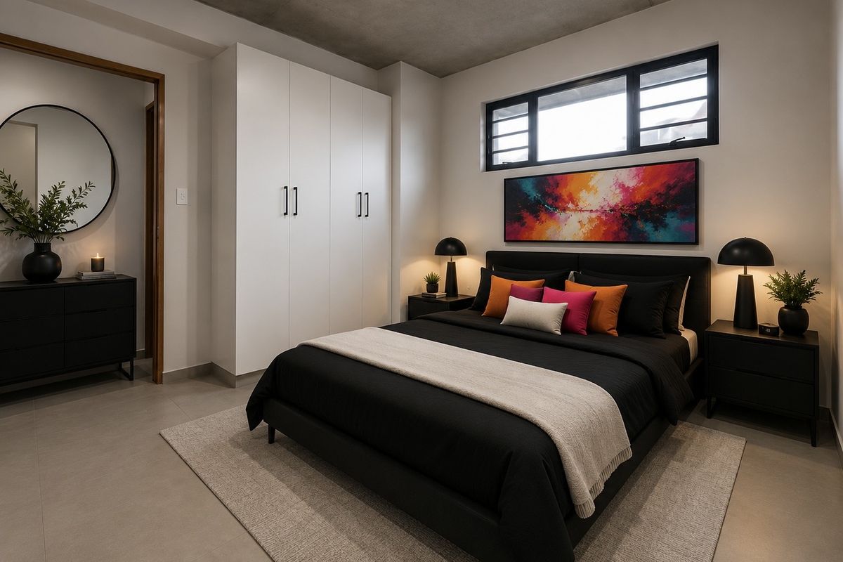 Modern bedroom featuring an exposed concrete ceiling, tiled flooring, built-in wardrobe, and a horizontal window providing natural light.