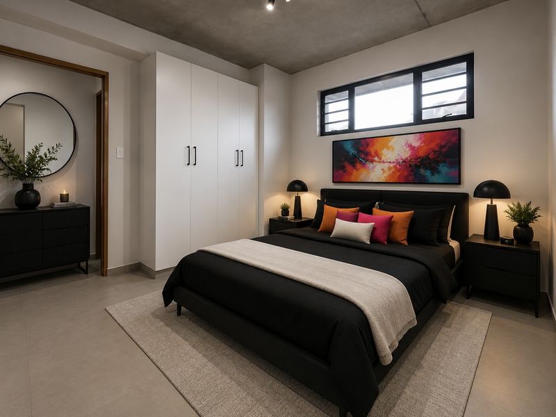 Modern bedroom featuring an exposed concrete ceiling, tiled flooring, built-in wardrobe, and a horizontal window providing natural light.