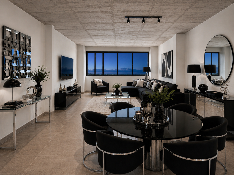 A modern open-plan living and dining area featuring an exposed concrete ceiling, tiled floors, and large windows with a view.