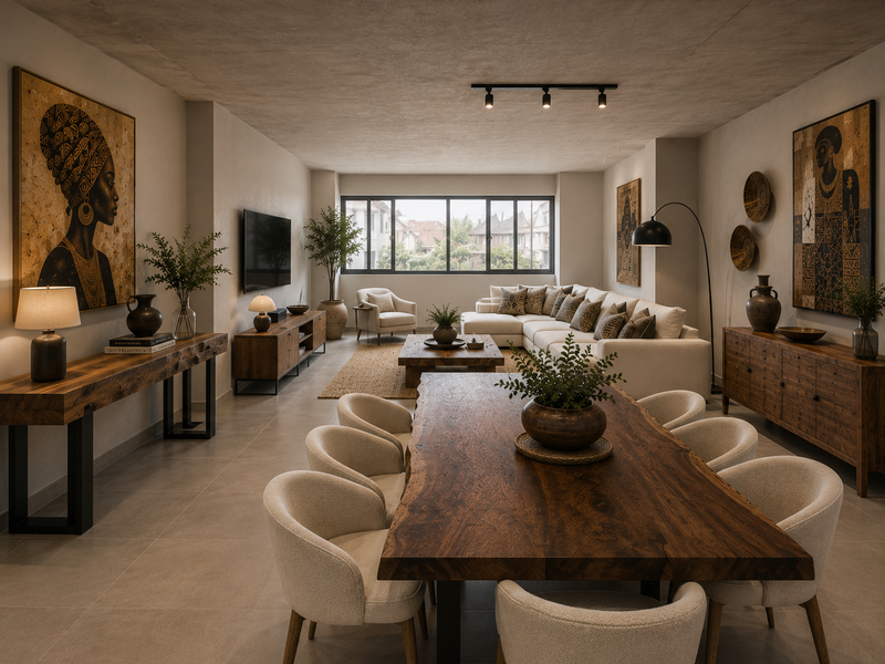 Spacious open-plan living and dining area featuring modern track lighting, large windows, and neutral tiled flooring in a well-maintained apartment setting.