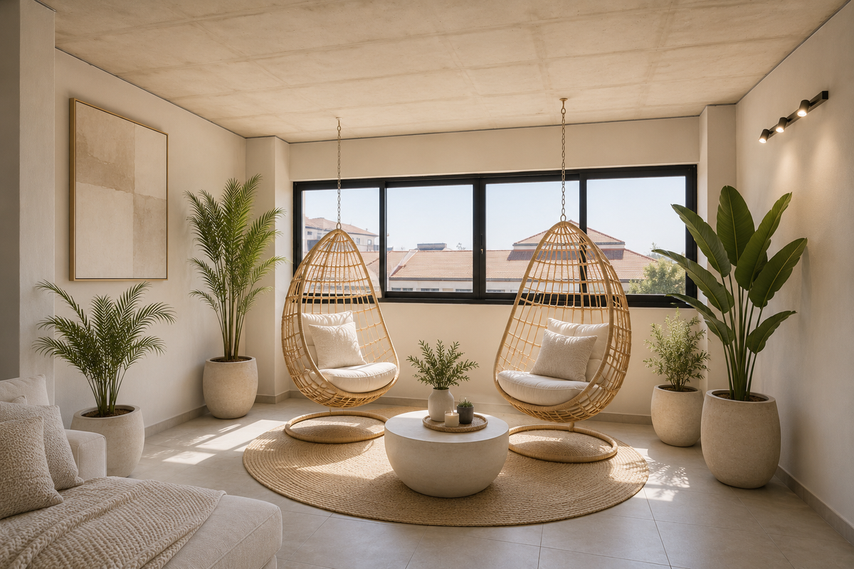 A bright, modern living area featuring large black-framed windows, tiled flooring, and an exposed concrete ceiling with contemporary track lighting.