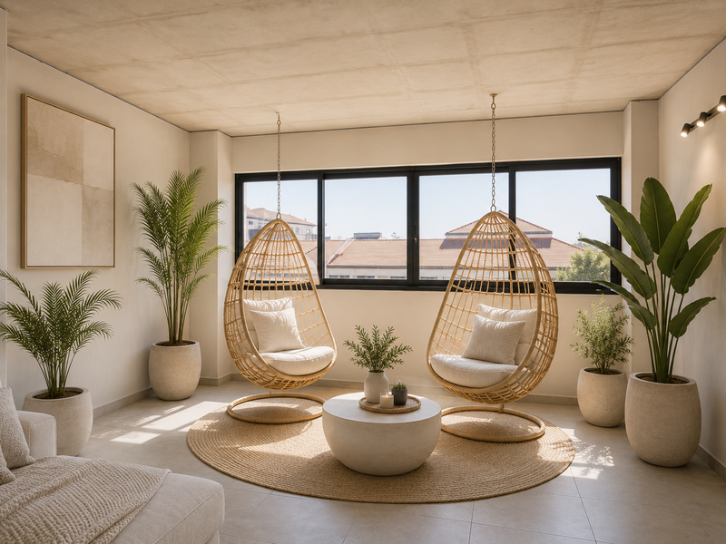A bright, modern living area featuring large black-framed windows, tiled flooring, and an exposed concrete ceiling with contemporary track lighting.
