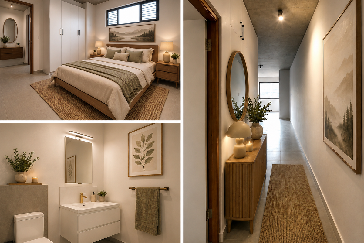 A modern apartment interior featuring a bedroom with built-in storage, a contemporary bathroom with a floating vanity, and a sleek hallway with concrete ceilings.