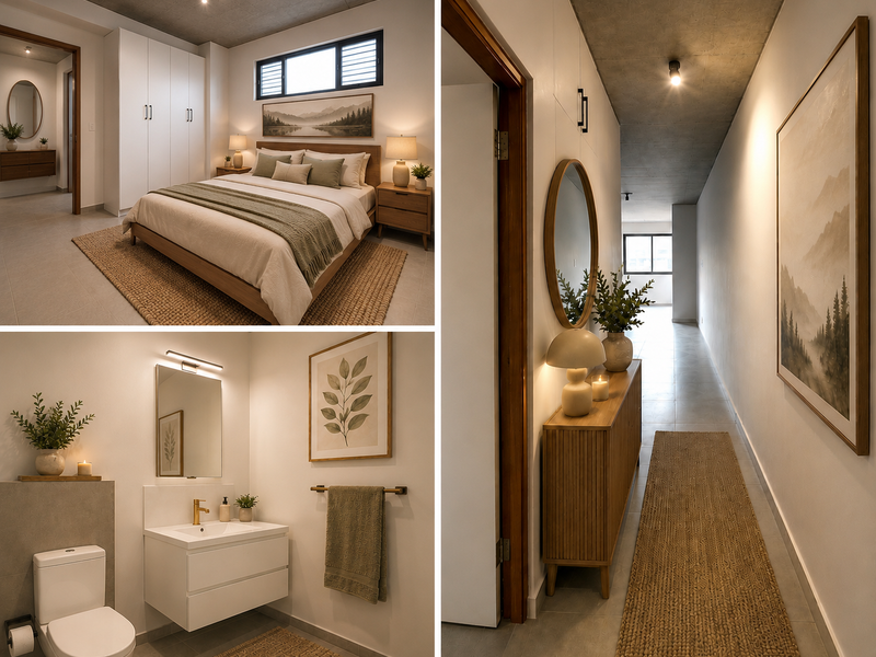 A modern apartment interior featuring a bedroom with built-in storage, a contemporary bathroom with a floating vanity, and a sleek hallway with concrete ceilings.