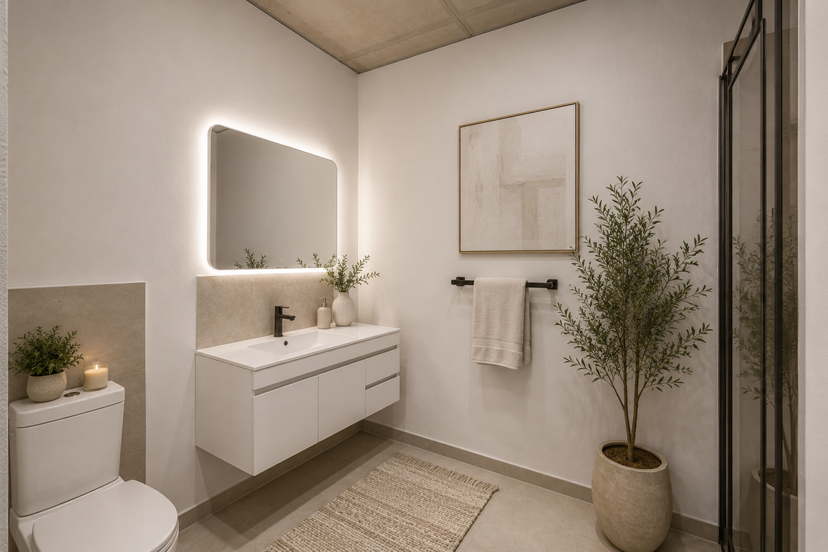 Modern bathroom featuring a wall-mounted vanity, backlit mirror, sleek mixer tap, and a glass-enclosed shower with neutral tiling.