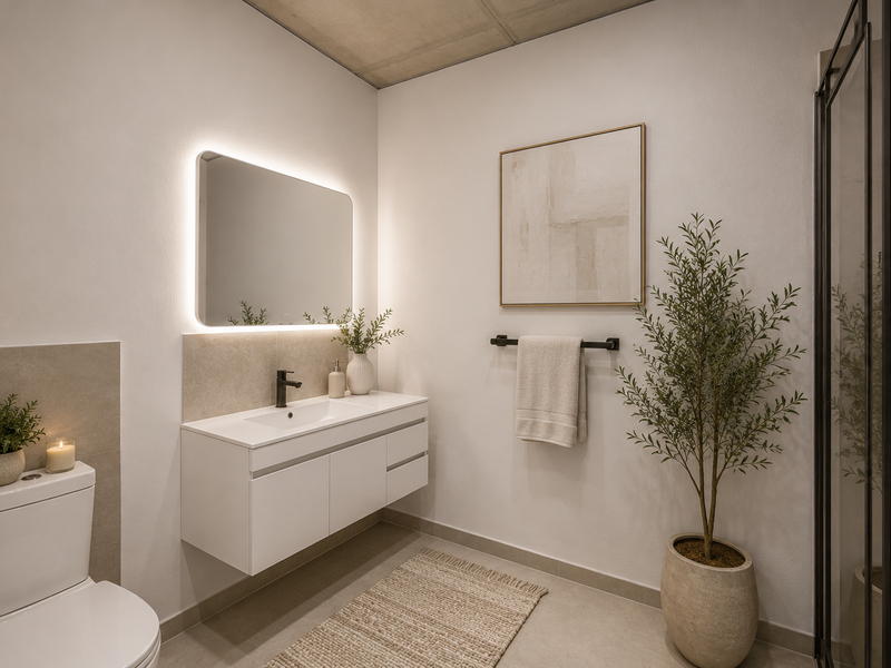 Modern bathroom featuring a wall-mounted vanity, backlit mirror, sleek mixer tap, and a glass-enclosed shower with neutral tiling.