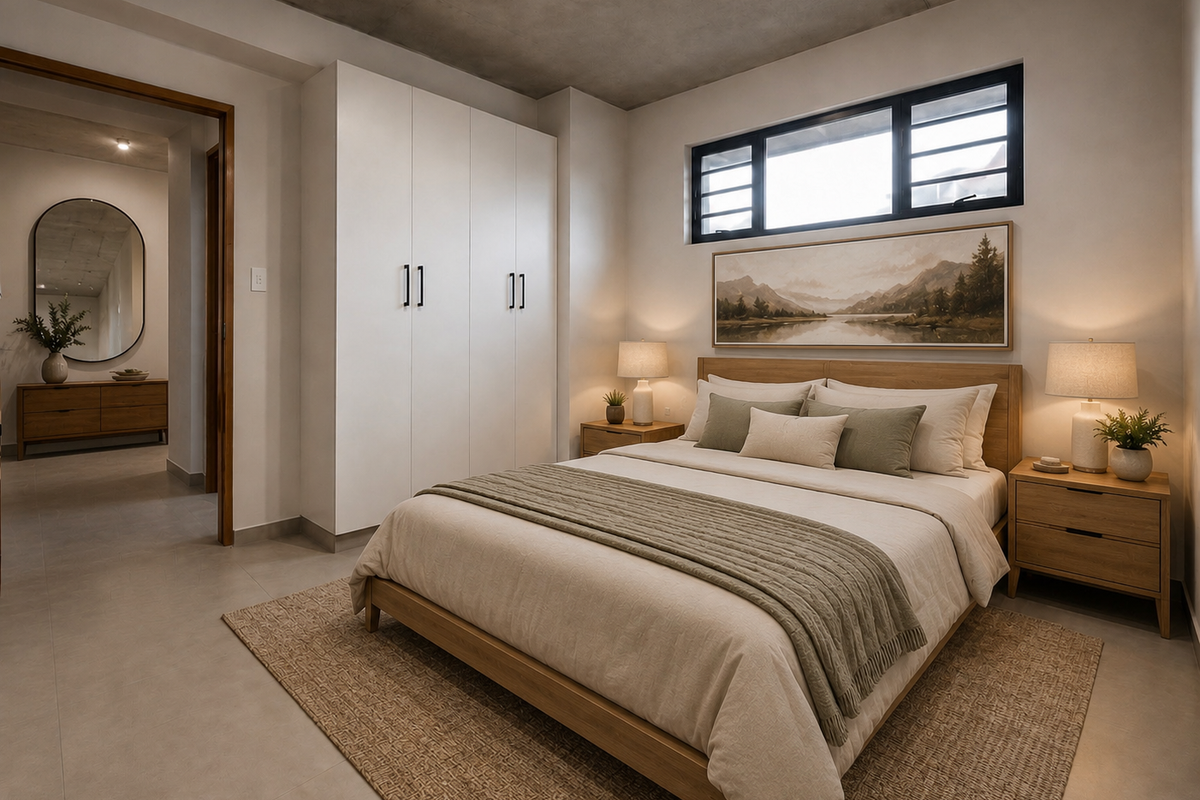 Modern bedroom featuring an exposed concrete ceiling, built-in wardrobe, tiled flooring, and a large window providing natural light.