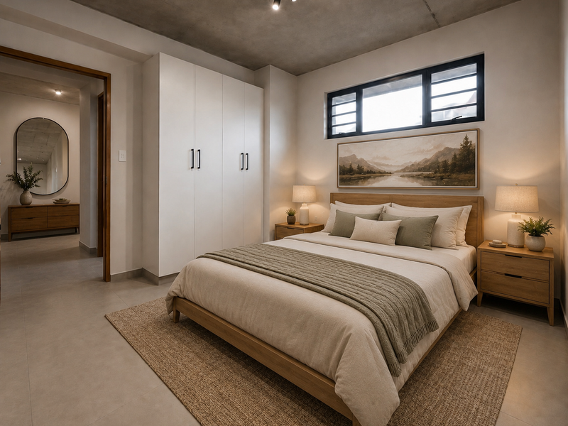 Modern bedroom featuring an exposed concrete ceiling, built-in wardrobe, tiled flooring, and a large window providing natural light.