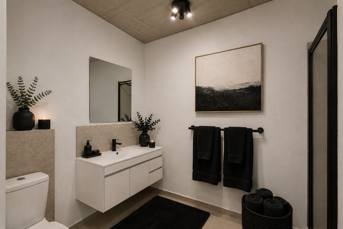 Modern bathroom featuring a wall-mounted vanity, ceramic basin, sleek black fixtures, and an exposed concrete ceiling, creating a contemporary and minimalist aesthetic.