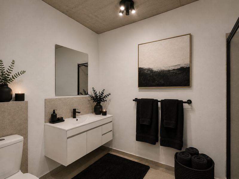 Modern bathroom featuring a wall-mounted vanity, ceramic basin, sleek black fixtures, and an exposed concrete ceiling, creating a contemporary and minimalist aesthetic.